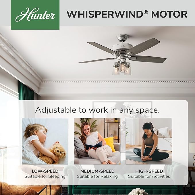 Hunter 52 inch Indoor Ceiling Fan with LED Lights and Remote Control - Standard Mount Ceiling Fan, 5 Blades, For Bedroom, Living Room, or Kitchen, Quiet - Bennett 54190, Brushed Nickel