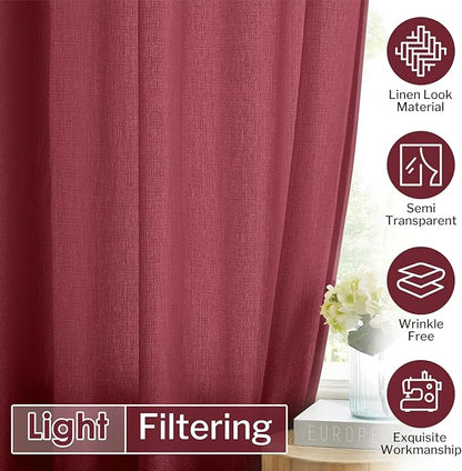 Melodieux Burgundy Semi Sheer Curtains 72 Inches Long for Bedroom, Living Room Farmhouse Linen Look Shiny Sheer Drapes, Rod Pocket Light Filtering Sheer Curtains, 52" W x 72" L, 2 Panels