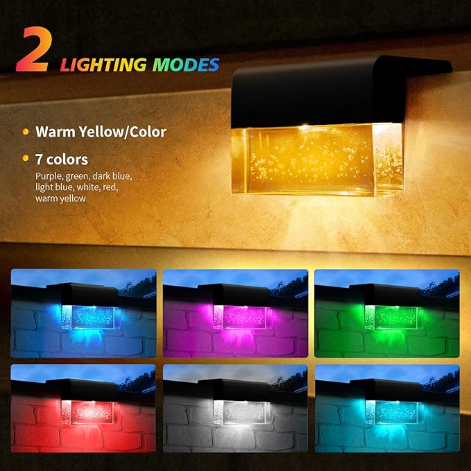 SUNFACE Solar Deck Lights, 8 Pack Solar Fence Lights Outdoor Step Lights Waterproof, Solar Stair Lights with 2 Modes LED, Super Bright Decoration for Patio, Railing, Pool, Yard (Warm White/7Color)