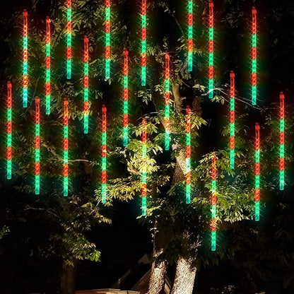 Dazzle Bright Red and Green Christmas Lights, 288 LED 11.8 Inch Meteor Shower Rain Lights with 8 Tubes, Waterproof Plug in Falling Rain Light Christmas Decorations for Xmas Bushes Tree Yard Party