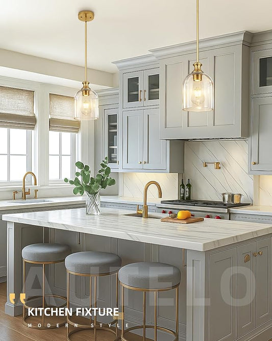 AUTELO 2-Pack Brushed Gold Pendant Lights Kitchen Island, Island Pendant Lights for Kitchen with Clear Cylinder Glass, Glass Pendant Lights with Adjustable Rods, H2511 CLBG 2PK