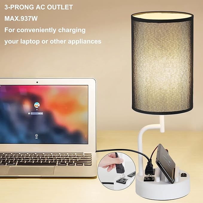 Dreamholder Table Lamp with 3 USB Charging Ports, Modern Desk Lamp with AC Outlet and Phone Stands, Perfect Bedside Lamp for Bedroom, Living Room, Office (Pack of 2), White&Black