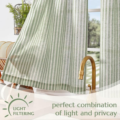 jinchan Striped Linen Kitchen Curtains 24 Inches Length Tier Curtains Farmhouse Modern Cafe Style Small Window Treatments Airy Light Filtering Rod Pocket for Living Room Bathroom 2 Panels Sage Green
