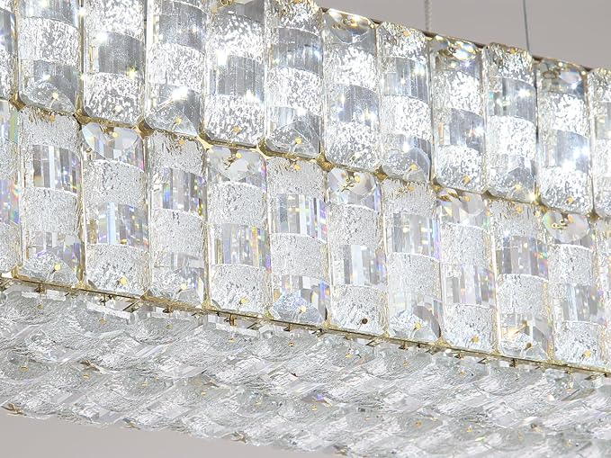 47 Inch Rectangular Crystal Chandelier Glam Dimmable LED Chandeliers for Dining Room Linear Pendant Light with Remote Control for Kitchen Island Silver