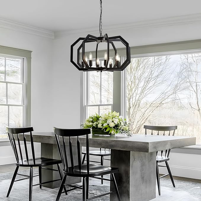 Lanhall 8 Black Light Farmhouse Chandelier Dining Room Light Fixture Geometric Modern Rustic Hanging Pendant Light for Living Room, Kitchen Island, Foyer, Entryway, Hallway, Stairway