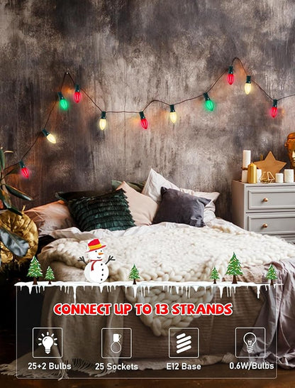 C7 LED Christmas Lights, 25Ft Vintage C7 Christmas Lights with 27 LED Clear Red Green White Bulbs, Hanging Connectable Xmas String Lights for Patio Garden Holiday Home Xmas Decor
