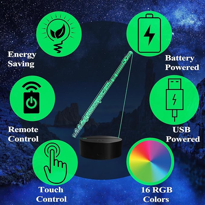 Flute Night Light, Flute Gifts, 3D Illusion Lamp with Remote Control, 16 RGB Colors, 4 Flashing Modes, Timer, Dimmable, Flute Instruments Accessories for Holiday Birthday Christmas