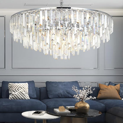 Modern Crystal Chandelier Chrome, 32" Round Luxury Top K9 Crystal Chandeliers 6-Tier 13 Lights Large Adjustable Height Ceiling Hanging Pendant Light Fixture for Living Room Bedroom Foyer