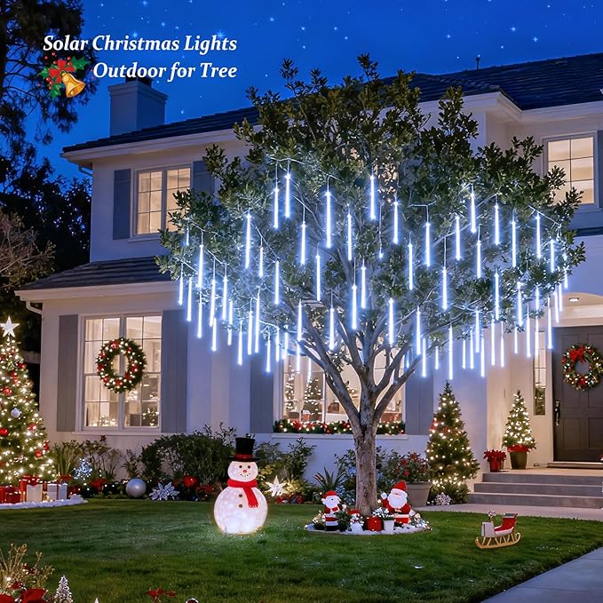 JMEXSUSS White Solar Christmas Lights, 8 Tube 144 LEDs Solar Meteor Shower Lights Outdoor, White Christmas Light for Tree Wedding Xmas Holiday Party Patio GazeboDecor