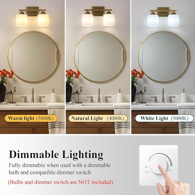 Mecgirn Milk Glass Vanity Lights for Bathroom, 2 Light Antique Matte Brass Bathroom Vanity Light Fixtures Over Mirror, Ceramic E26 Sockets Wall Mounted