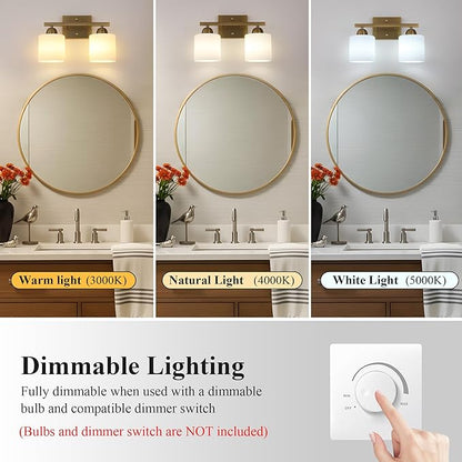 Mecgirn Milk Glass Vanity Lights for Bathroom, 2 Light Antique Matte Brass Bathroom Vanity Light Fixtures Over Mirror, Ceramic E26 Sockets Wall Mounted