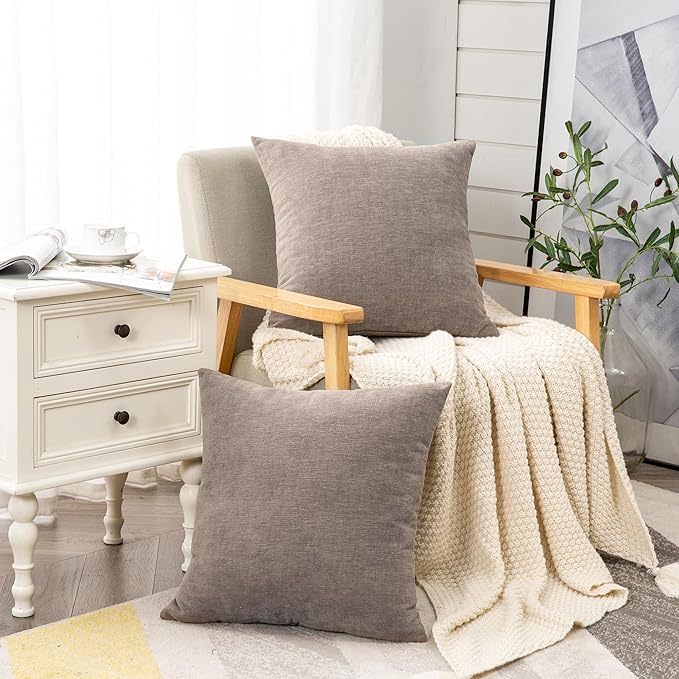 GAWAMAY Decorative Chenille Throw Pillow Covers 24x24 Inch Pack of 2, Soft Square Couch Pillow Cover for Sofa Cushion Living Room Bedroom Pillowcases Taupe Grey 60x60cm (ONLY Covers)