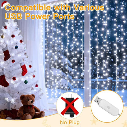 Ollny Curtain Lights 6.6x6.6ft, 200 LED White Christmas Lights with Remote 8 Modes Dimmable Timer, USB Power String Light for Bedroom Backdrop Indoor Window Wedding Decorations