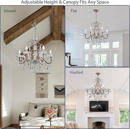 Bestier Antique Silver Vintage Candle Chandelier Crystal Lighting Fixture Lamp for Dining Room Bathroom Foyer Livingroom 6 E12 Bulbs Required D24 in x H26 in