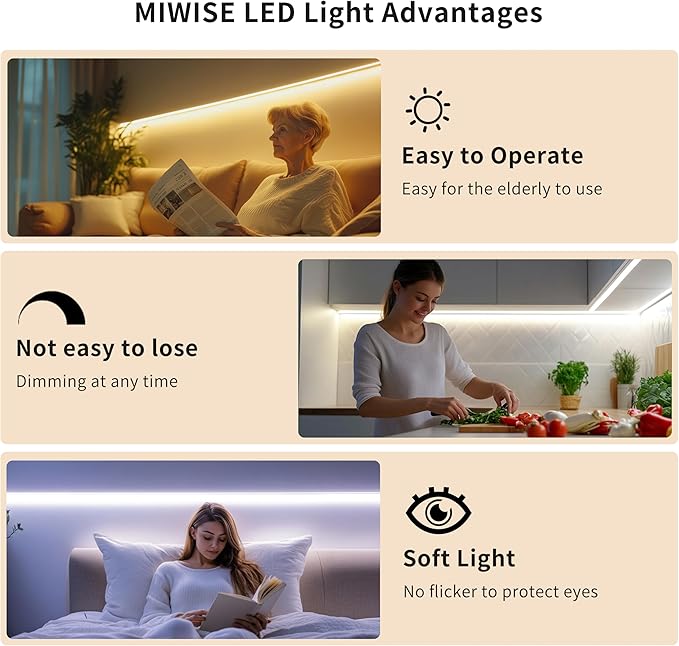 MIWISE COB LED Strip Light 32.8ft/10m,CRI 90+ Daylight White 6000K High Lumen Dimmable Super Bright Flexible DC24V LED Tape Light with Controller/Dimmer,for Cabinet Home Office DIY Lighting Projects