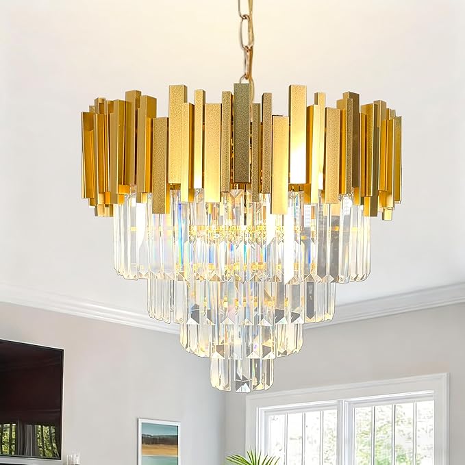 Luxury Gold Crystal Chandelier, W50cm Modern Round Ceiling Hanging Light Adjustable Chain & Dimmable Light Fixture for Dining Living Room Kitchen Island Foyer 7Lights