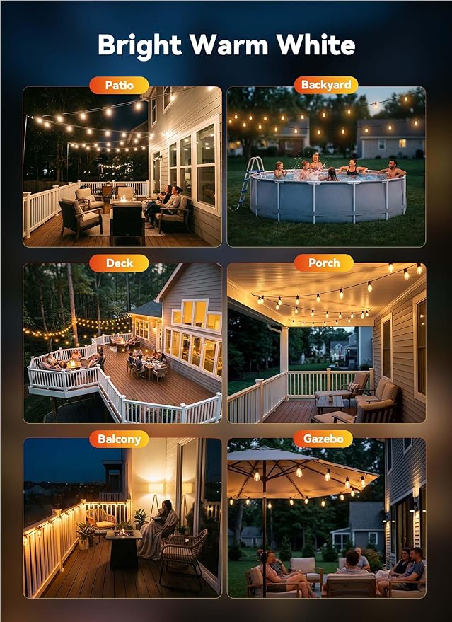 Minetom 101FT Outdoor String LED Patio Lights Waterproof,46 Shatterproof S14 Vintage Edison Bulbs,Commercial Grade Outside Hanging Lights Waterproof for Porch Deck Garden Backyard Balcony Cafe Bistro