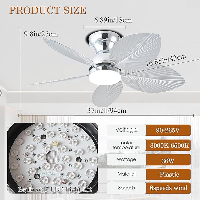 GJeg Tropical Ceiling Fans with Light, 38-inch Flush Mount Palm Leaf Ceiling Fans for Bedrooms, Indoors and Outdoors, Remote Control/APP Control, 6-Speed, Dimmable, Reversible,Chrome
