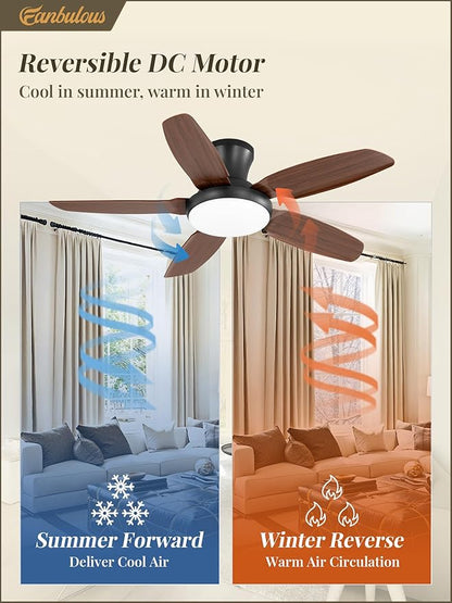 Fanbulous Ceiling Fans with Lights, 42 inch Low Profile Flush Mount Ceiling Fan with Remote/APP Control,Black Modern Ceiling Fan with LED Light for Bedroom Indoor Outdoor-LED Dimmable, 3CCT, 6 Speeds