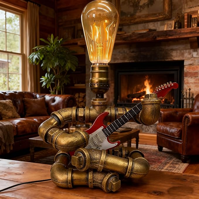 Pipe-Man Guitar-Playing Steampunk Lamp with Edison Bulb, Vintage Industrial Decor Table/Desk Lamp, Unique Handmade Gift for Music Lovers (American Style)