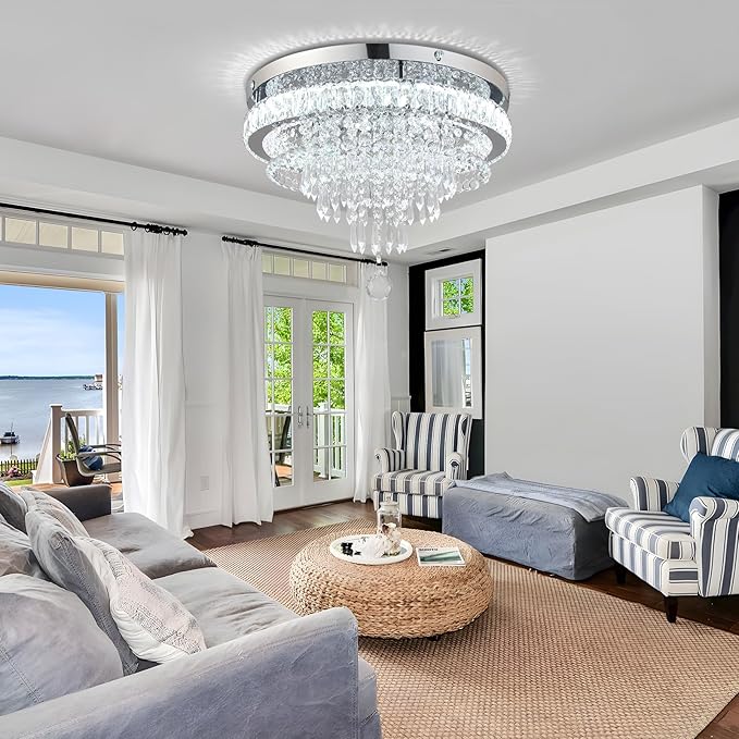 FRIXCHUR 19.7" Crystal Chandeliers Crystal Ceiling Light Fixtures Modern Flush Mount Light LED Chandelier Lamp for Living Room Bedroom Dining Room 6500K Cool White