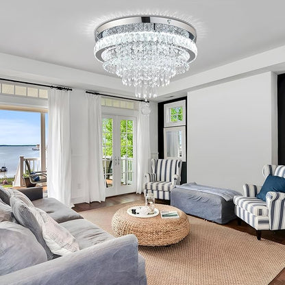 FRIXCHUR 19.7" Crystal Chandeliers Crystal Ceiling Light Fixtures Modern Flush Mount Light LED Chandelier Lamp for Living Room Bedroom Dining Room 6500K Cool White