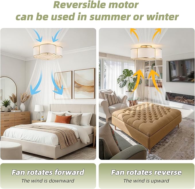 20" Boho Ceiling Fan with Light, Rattan Flush Mount Ceiling Fan with Light Remote Control, Caged Enclosed with 6 Speeds for Bedroom, Living Room, Foyer, Nursery (Gold)