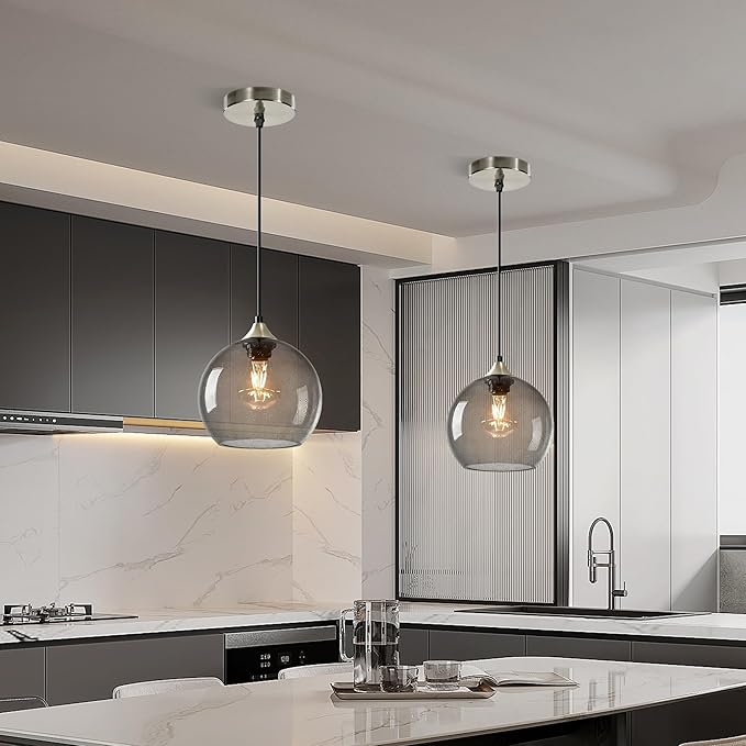 Light Grey Glass Pendant Light for Kitchen Island, Includes 1 Bulb & 4.92FT Adjustable Cord, Modern Pendant Lighting Fixtures for Kitchen, Dining Room, Living Room(7.1in)