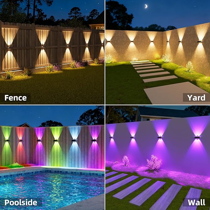 NIORSUN Solar Fence Lights Outdoor, 8 Pack Up and Down Waterproof Solar Wall Lights, Warm & Cool White + RGB, Fence Lights with Lens, Dusk to Dawn Lighting for Patio, Backyard, Pool, Railing (Black)