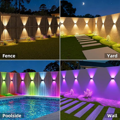 NIORSUN Solar Fence Lights Outdoor, 8 Pack Up and Down Waterproof Solar Wall Lights, Warm & Cool White + RGB, Fence Lights with Lens, Dusk to Dawn Lighting for Patio, Backyard, Pool, Railing (Black)