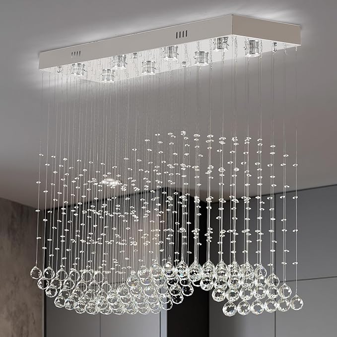 Finktonglan 39.4" Rectangular Crystal Chandelier for Kitchen Island, 8-Light Linear Island Pendant Light, GU10 Base (Bulbs Not Included), Height Adjustable Modern Dining Room Ceiling Light