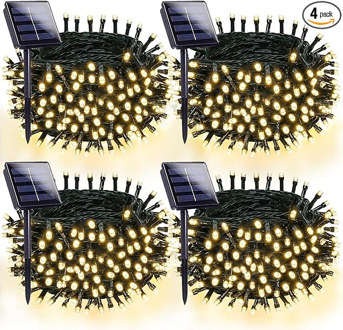 OZS 4 Pack 320LED Solar String Lights for Outside, Solar Christmas Lights Outdoor Waterproof with 8 Lighting Modes, Green Wire Solar Powered Tree Light for Garden, Party, Xmas Decorations (Warm White)
