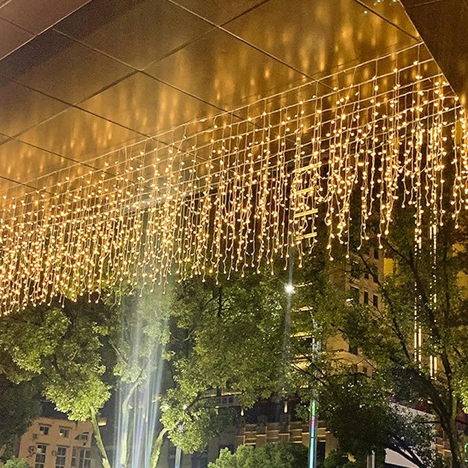 LED Ceiling Icicle Lights, 16.4FT 216 LEDs 8 Modes Twinkle Christmas Hanging Fairy String Curtain Lights for Parties Mall Patio Yard Indoor Outdoor Decoration Warm White, 5M