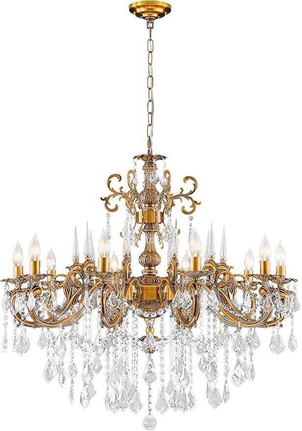 Gold Crystal Chandelier, 10-Light Antique Bronze Candle Pendant Ceiling Light Fixture with K9 Crystals for Dining and Living Room, Bedroom, Kitchen Island, Hallway, Dia 36"