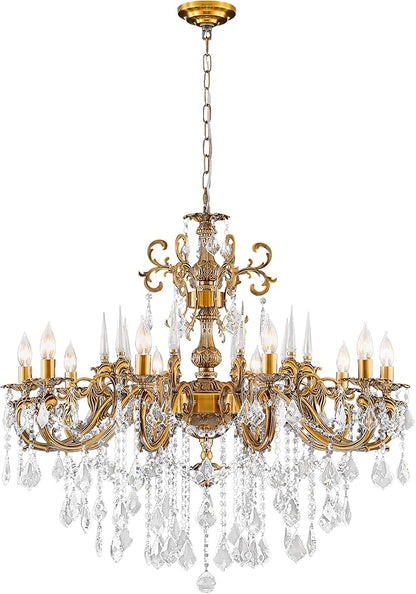 Gold Crystal Chandelier, 10-Light Antique Bronze Candle Pendant Ceiling Light Fixture with K9 Crystals for Dining and Living Room, Bedroom, Kitchen Island, Hallway, Dia 36"