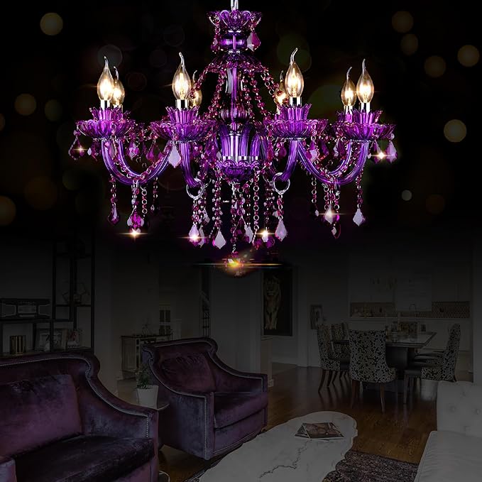 Bagood Purple 8 Lights K9 Crystal Candle Chandeliers Lighting Modern Pendant Lights Ceiling Fixture Lamp for Dining Living Room Bedroom Entry Elegant Decoration E12 Base, H20.5 x W28.3 Inch