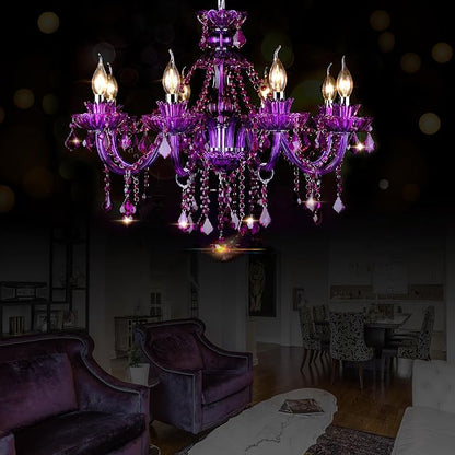 Bagood Purple 8 Lights K9 Crystal Candle Chandeliers Lighting Modern Pendant Lights Ceiling Fixture Lamp for Dining Living Room Bedroom Entry Elegant Decoration E12 Base, H20.5 x W28.3 Inch