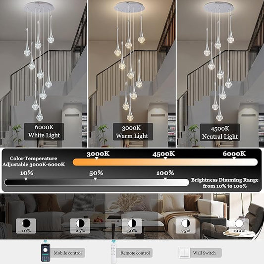 Modern Chrome Crystal Chandelier for High Ceiling 9-Lights, 99 Inches Luxury Spiral Dimmable LED Bubble Raindrop Pendant Lighting Fixture for Staircase Foyer Entryway Living Room