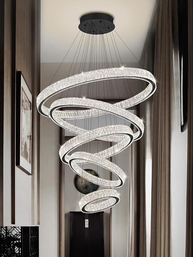 Modern 5 Ring Chandeliers for High Ceiling Foyer,Luxury Dimmable Crystal Ceiling Light Fixtures Staircase Entrance Villa Large Black Chandelier D8''+15.7"+23.6"+31.5"+39.4"