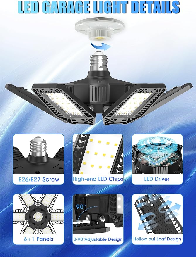 LED Garage Light 1 Pack - 180W 18000LM Garage Lights Ceiling Led with 6 Adjustable Panels, 6500K Daylight Deformable Lighting Screw In E26 E27 Bulb Socket, for Shop Workshop Barn Basement Attic