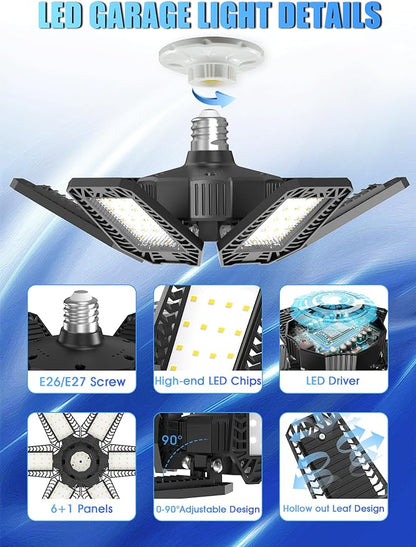 LED Garage Lights 2 Pack - 180W 18000LM Garage Lights Ceiling Led with 6 Deformable Panels, 6500K Screw in Shop Lighting Fit E26/E27 Bulb Socket, for Workshop Basement Barn Attic