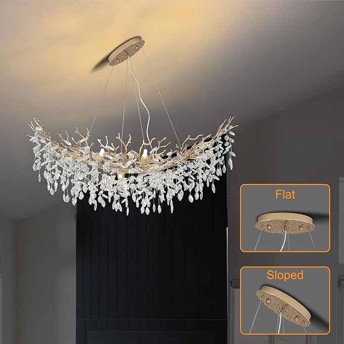 Modern Crystal Tree Branches Chandelier, 47.5in Gold 12 Lights Large Ceiling Hanging Light for Dining Room, Arc Raindrop Pendant Light Fixture