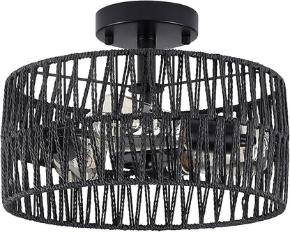 3-Light Coastal Black Woven Flush Mount Light Fixture Rustic Industrial Hemp Rope Flush Mount Ceiling Light for Hallway Bedroom Kitchen Entryway Farmhouse Living Room, Black
