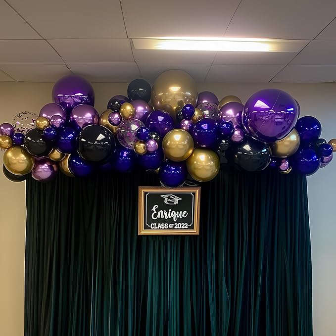 HILAVO Purple Black and Gold Balloon Arch Kit Graduation Balloon Garland Dark Purple and Gold Metallic Black Confetti Balloons for Retirement Wednesday Birthday Baby Shower Engagement Party Decoration