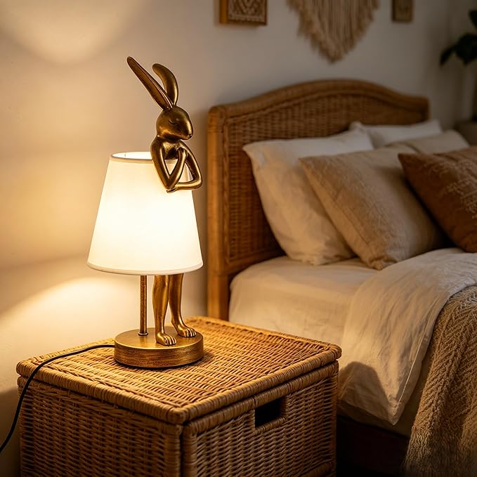 YHT Bunny Table Lamp, Cute Animal Rabbit Lamp,Bunny Lamps,15.7" Vintage LED Desk Light with Linen Lampshade,Gold Main Part Beside Lamp for Bedroom, Study Room, Office, Nursery, Home Decor (White)