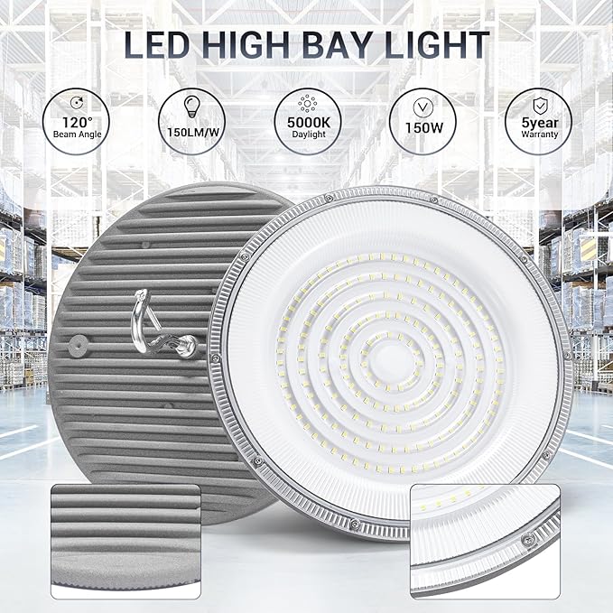 XYCN 10 Pack 150W UFO Led High Bay Light,120VAC,5000K Daylight Commercial Bay Lighting,IP66 Waterproof,21050LM,650W MH/HPS with Plug Area Lighting for Warehouse/Shop/Workshop/Barn/Gym/Factory