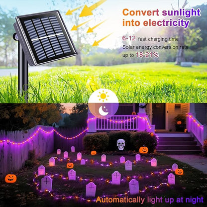 JMEXSUSS Orange Purple Halloween Solar Lights, 66 ft 200 LED Purple Rope Lights Outdoor Waterproof, Orange Christmas String Lights for Halloween Fall Party Tree Christmas