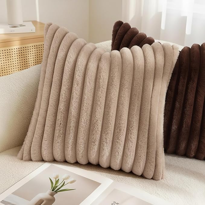 decorUhome Cozy Faux Fur Throw Pillow Covers 12x20 Set of 2 Decorative Soft Plush Striped Lumbar Modern Farmhouse Boho Couch Pillow Cases with Velvet Back for Sofa Bed Living Room, Khaki Brown