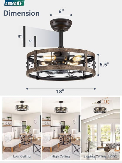LEDIARY 18 Inch Caged Ceiling Fan with Light, Fandelier Farmhouse Ceiling Fan with Remote, Small Bladeless Fan Lights Ceiling Fixtures for Kitchen, Bedroom, Outdoor-Black and Gold