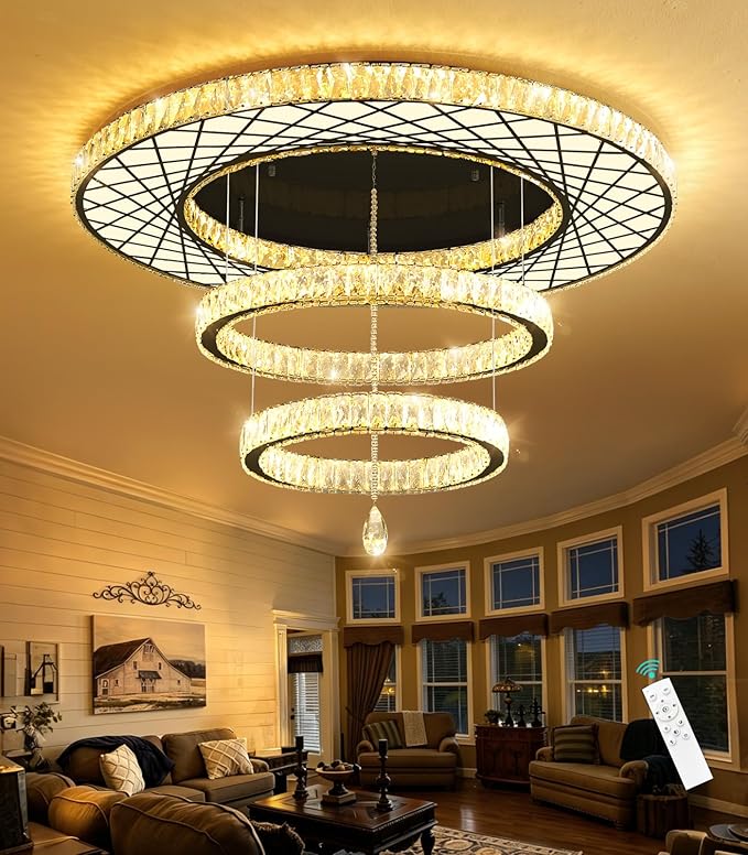 HAIXIANG Crystal Glam Chandelier LED Ceiling Light Living Room Lighting Fixtures Remote Dimmable Ceiling Chandeliers 40 Inches Large Light Black